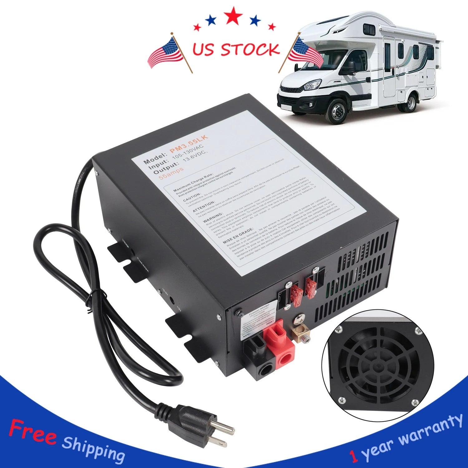 55 Amp Power Supply Converter for RV (110V AC to 12V DC)