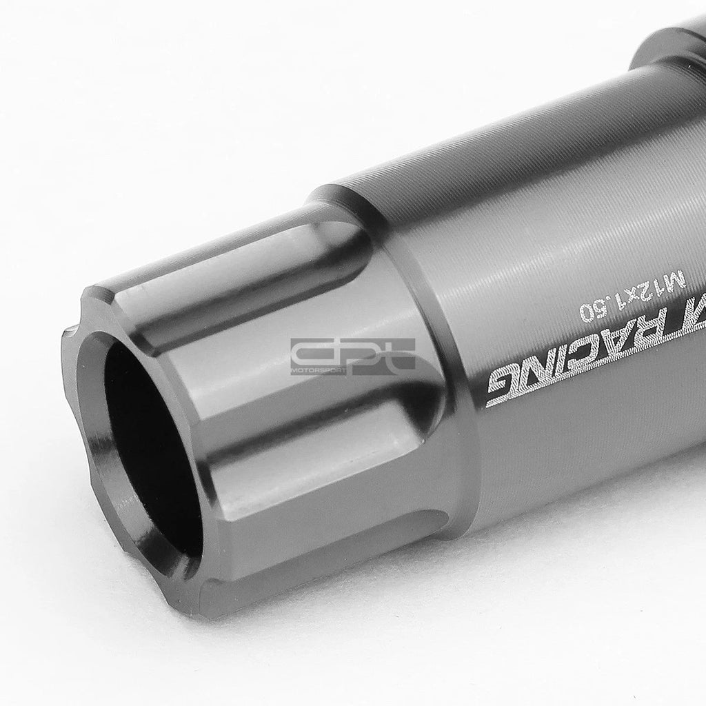 Set of 20 Open End M12x1.5 50mm Tall Gun Metal Aluminum Lug Nuts + Lock Key