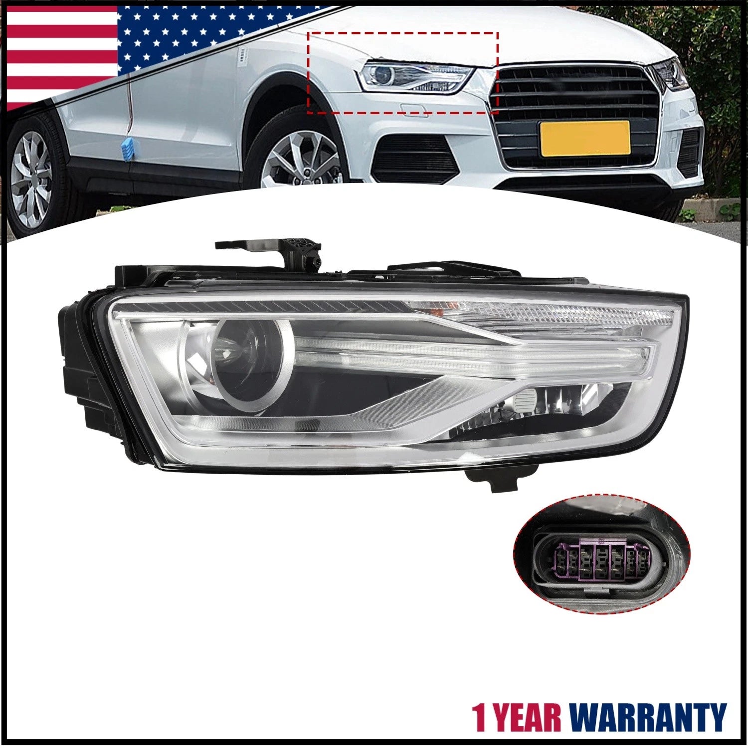 HID/Xenon Headlight Assembly for Audi Q3 (2016–2018) W/ Bulb & Ballast