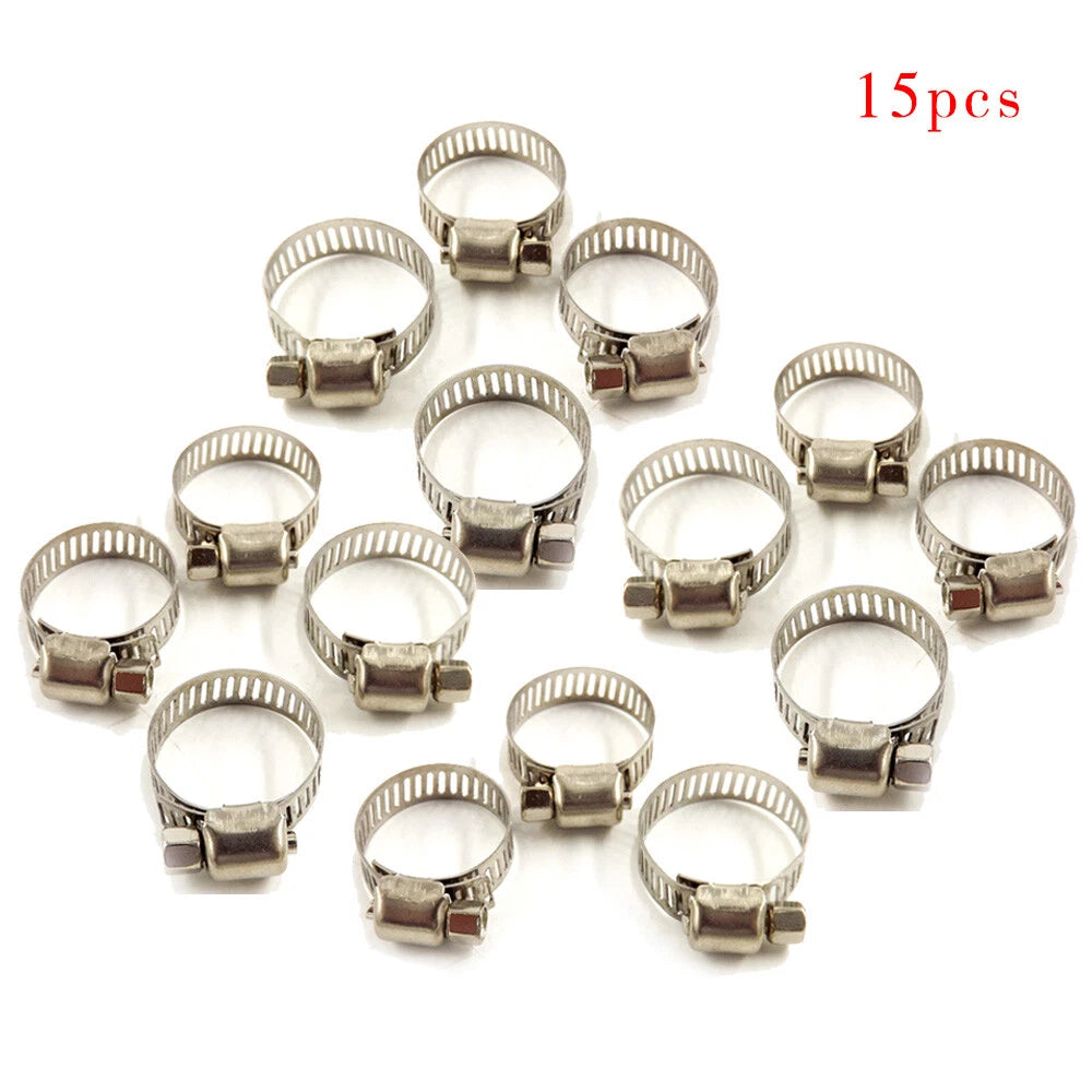 15pcs Stainless Steel Adjustable Hose Clamps for Fuel Line (Universal)