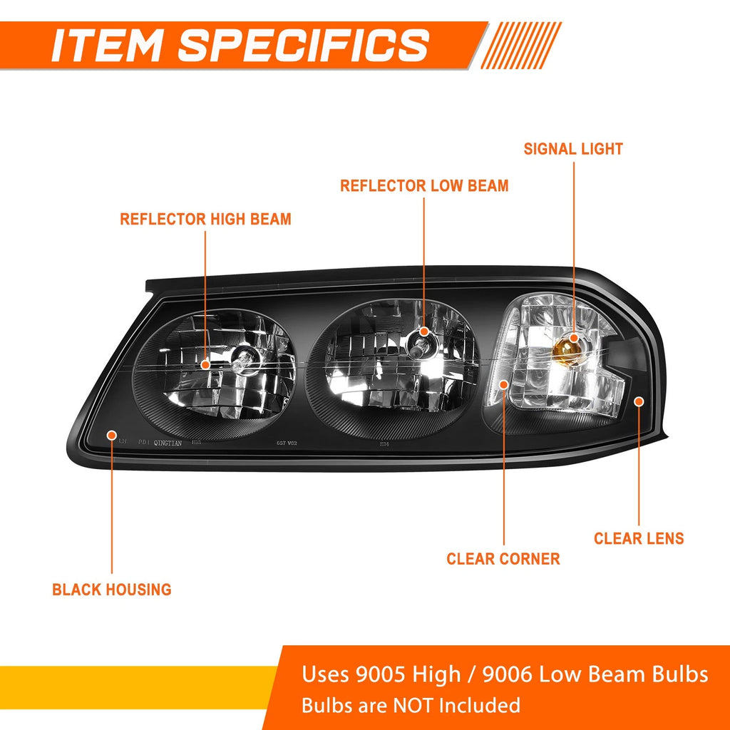 Headlight Lamps Pair for Chevy Impala (2000–2005) Black Housing Clear Corner