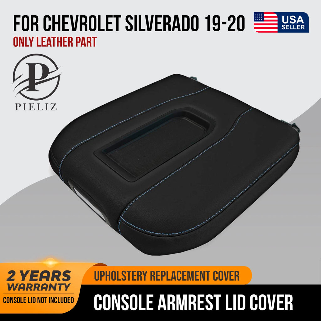 Leather Console Lid Bucket Cover for Chevrolet Silverado (2019–2020) Blue Stitch
