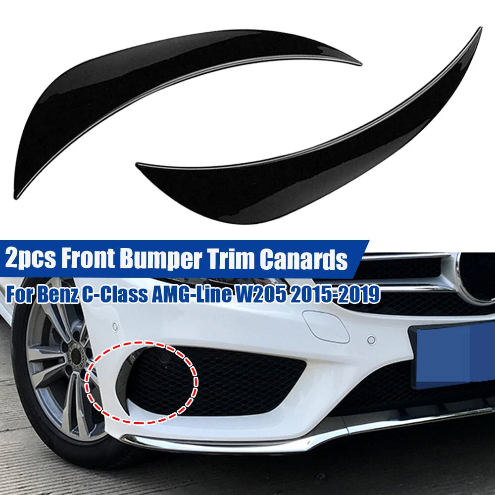 Gloss Black Front Bumper Canards for Benz C-Class AMG-Line W205 (2015–2019)