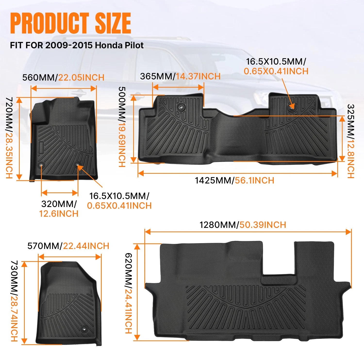 Set of 3 All Weather Floor Mats for Honda Pilot (2009–2015)