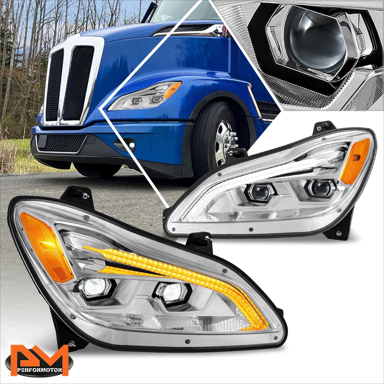 3D LED Bar Switchback Signal Projector Headlights for Kenworth T680 (2022–2024)