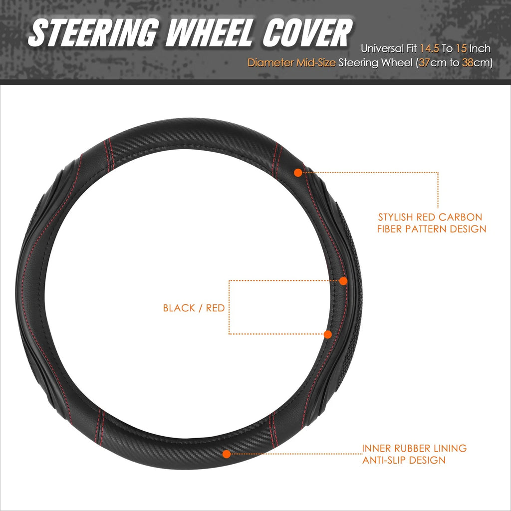 Steering Wheel Cover for Universal Fit (14.5-15") Black Carbon Fiber Red Stitching