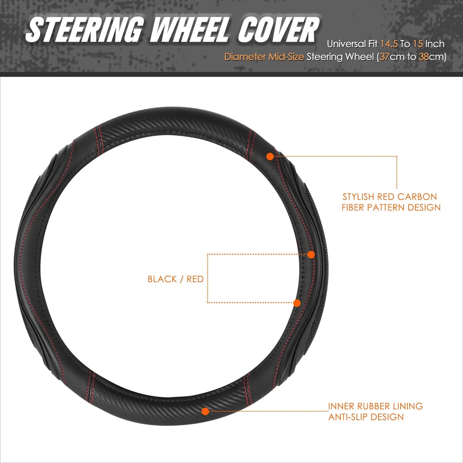 Steering Wheel Cover for Universal Fit (14.5-15") Black Carbon Fiber Red Stitching