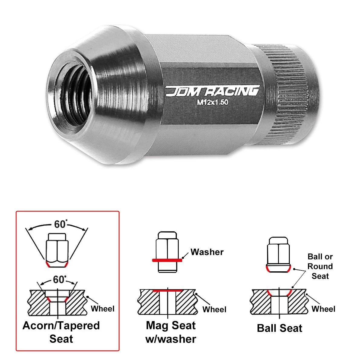 Set of 20 M12X1.5 Silver JDM Open End Bulge Hex Wheel Lug Nuts + Extension 25mmx44mm