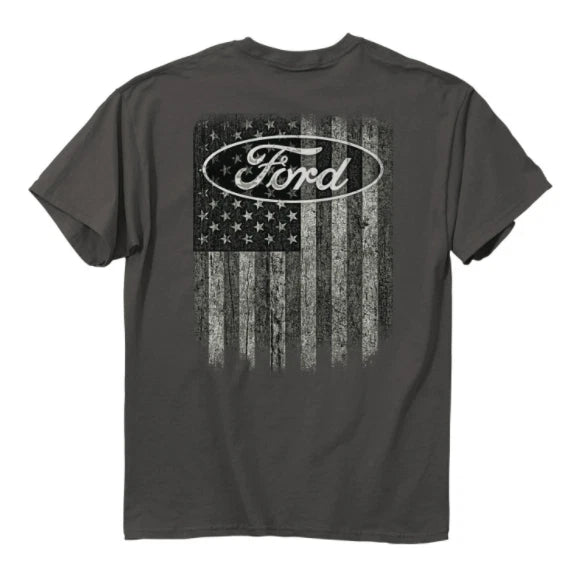 American Flag Ford Oval T-Shirt for Truck Lovers Gray (One Size)