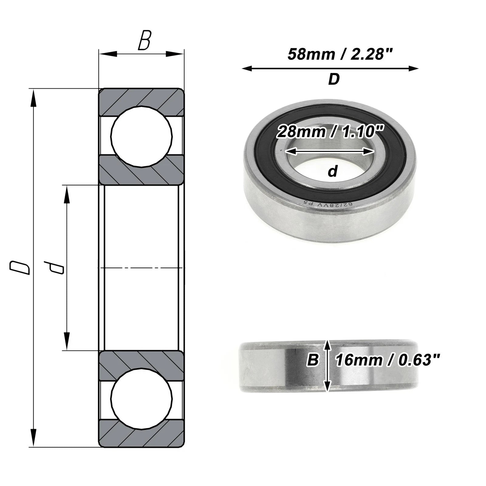 Deep Groove Ball Bearing P5 for Scooter Skateboard Wheel (28x58x16mm)