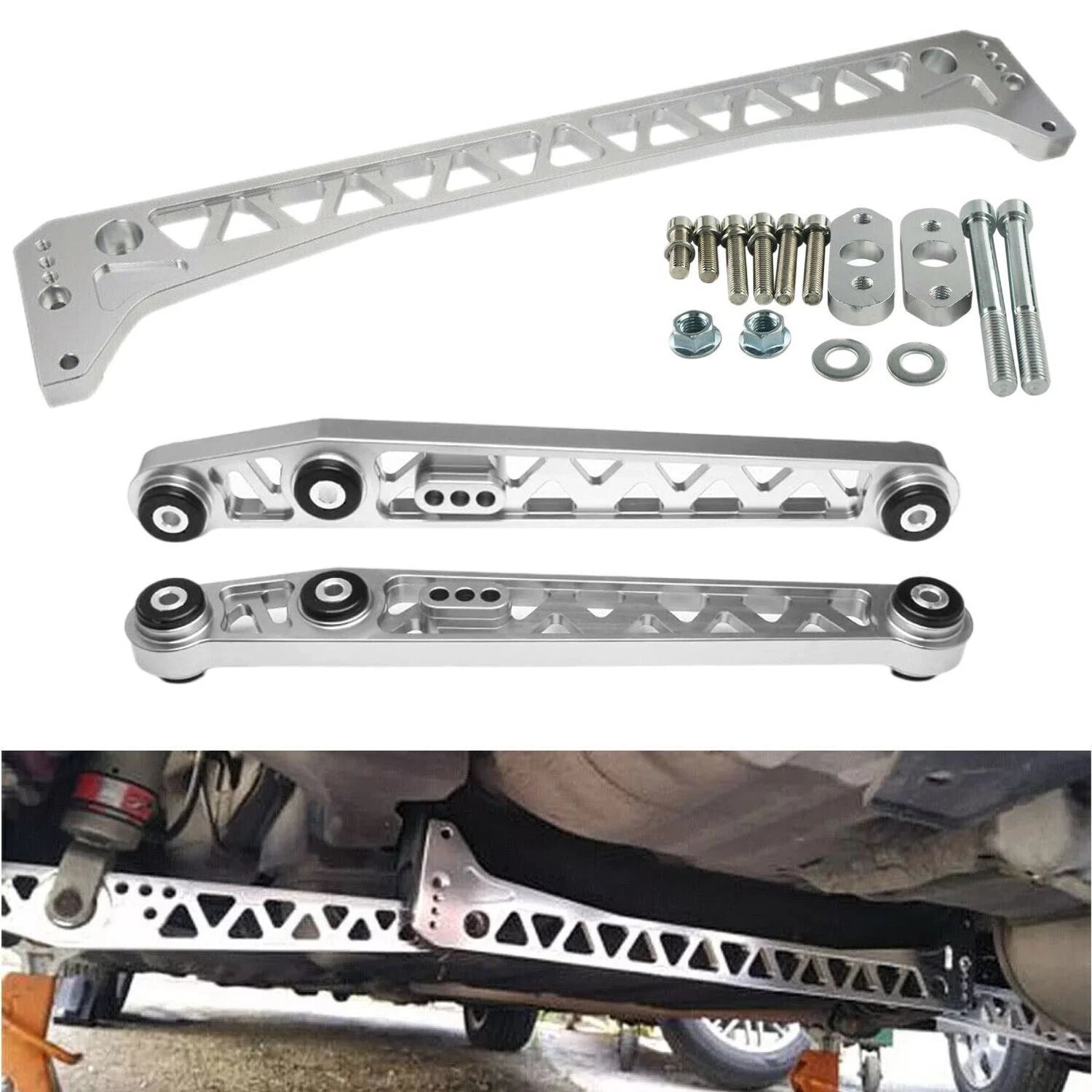Silver Billet Rear Lower Control Arms + Subframe Brace for Honda Civic EK (1996–2000)