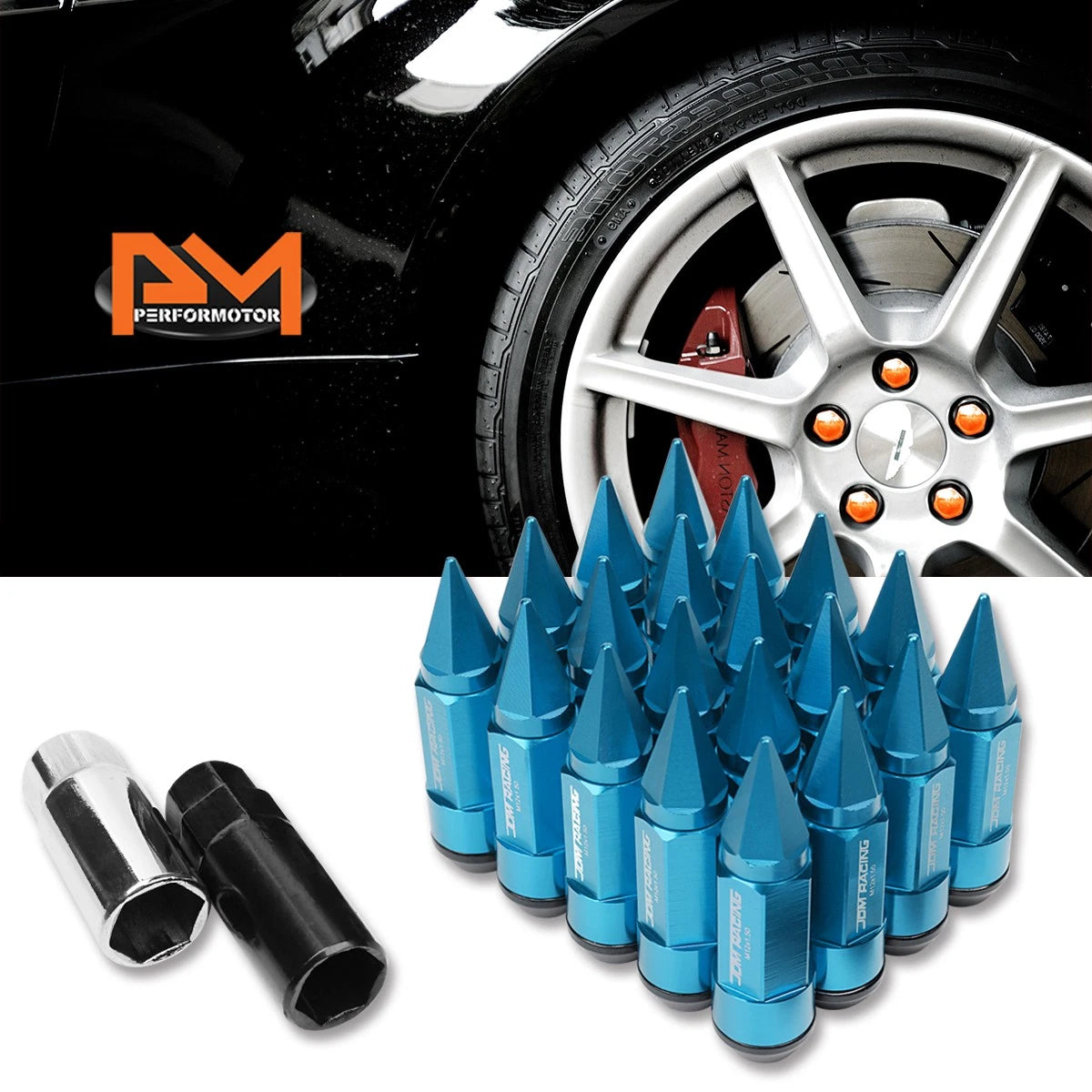 Set of 20 M12X1.5 Sky Blue JDM Cone Spiked Cap Wheel Lug Nuts + Extension 23mm