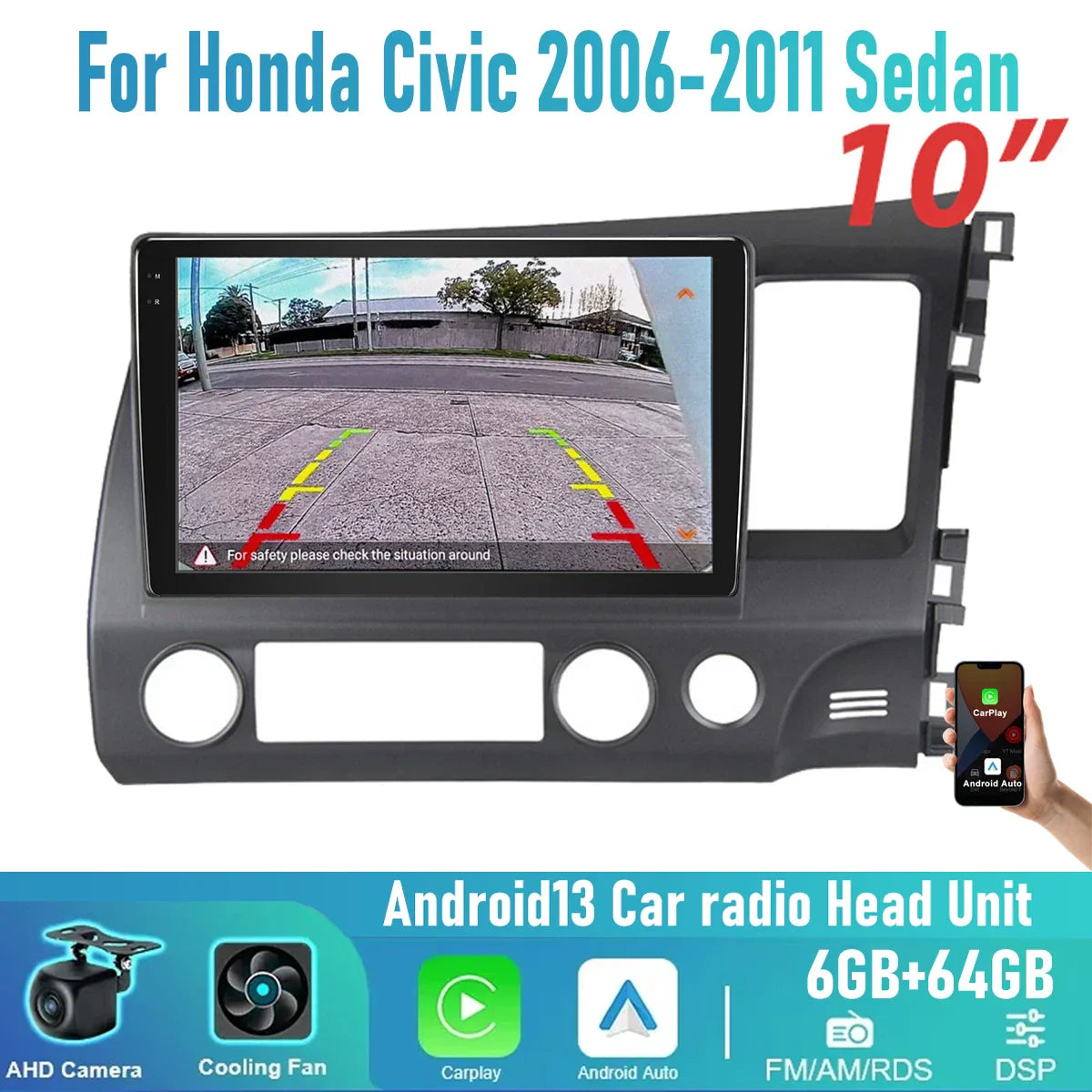 6-64GB Wireless Carplay Android Auto Head Unit Radio for Honda Civic (2006-2011)