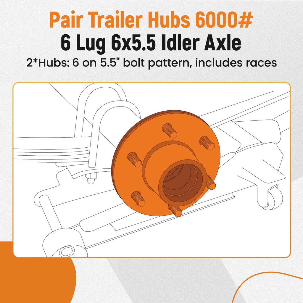 Pair Trailer Hubs for Idler Axle 6000# 6 Lug 6x5.5 Bearings Seals 25580