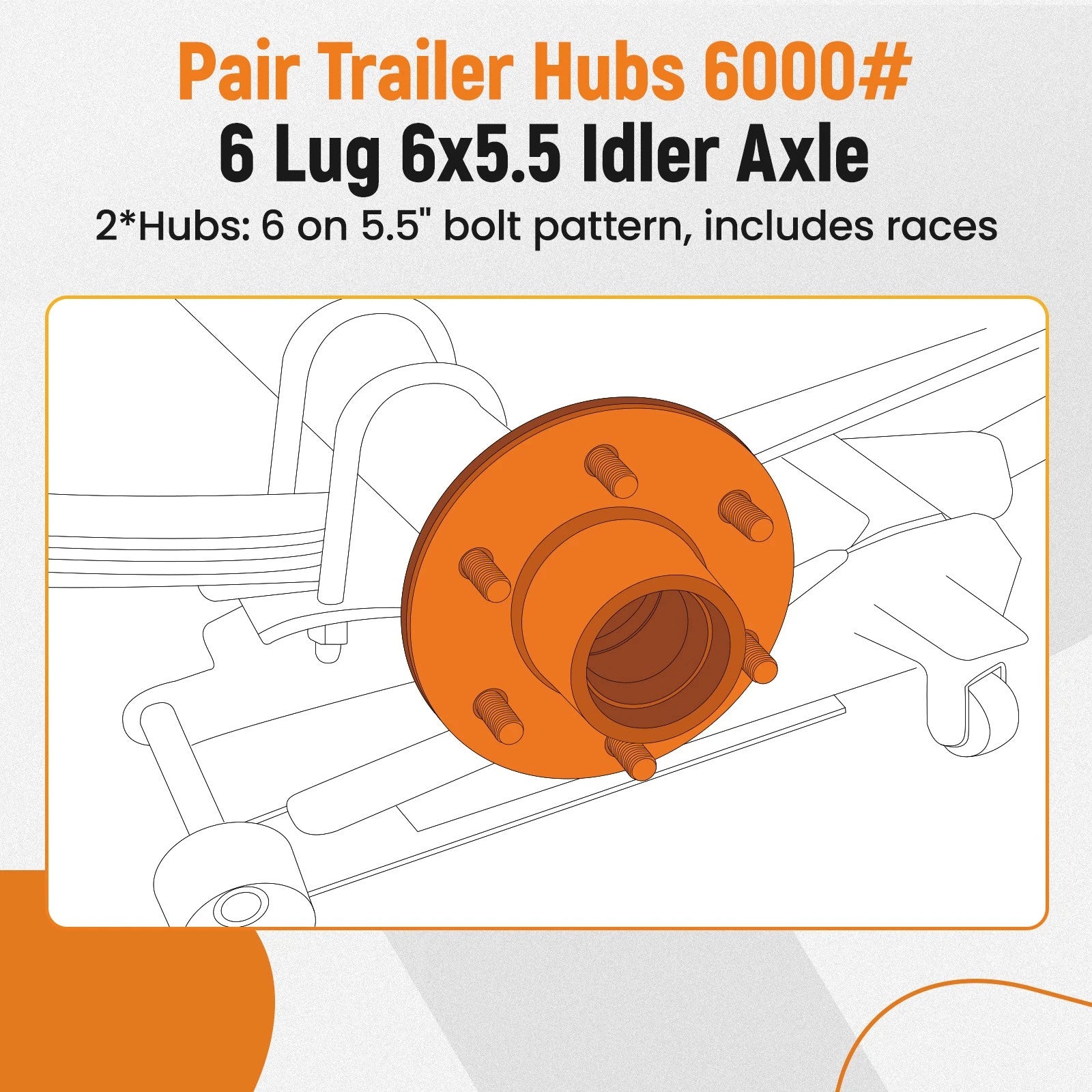 Pair Trailer Hubs for Idler Axle 6000# 6 Lug 6x5.5 Bearings Seals 25580