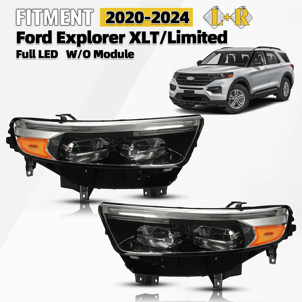 Full LED Headlight Pair for Ford Explorer (2020–2024) w/o Module, DRL, Chrome