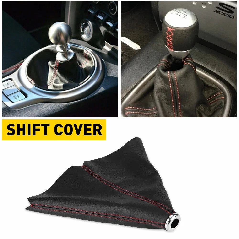 Universal Black Suede Manual Shift Boot Cover with Red Stitching
