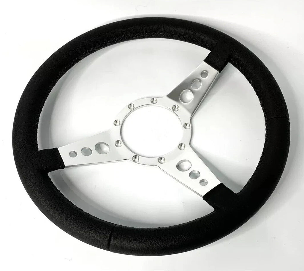 Polished 14 Inch Drilled 3 Spoke Steering Wheel with Leather Grip for 9 Hole