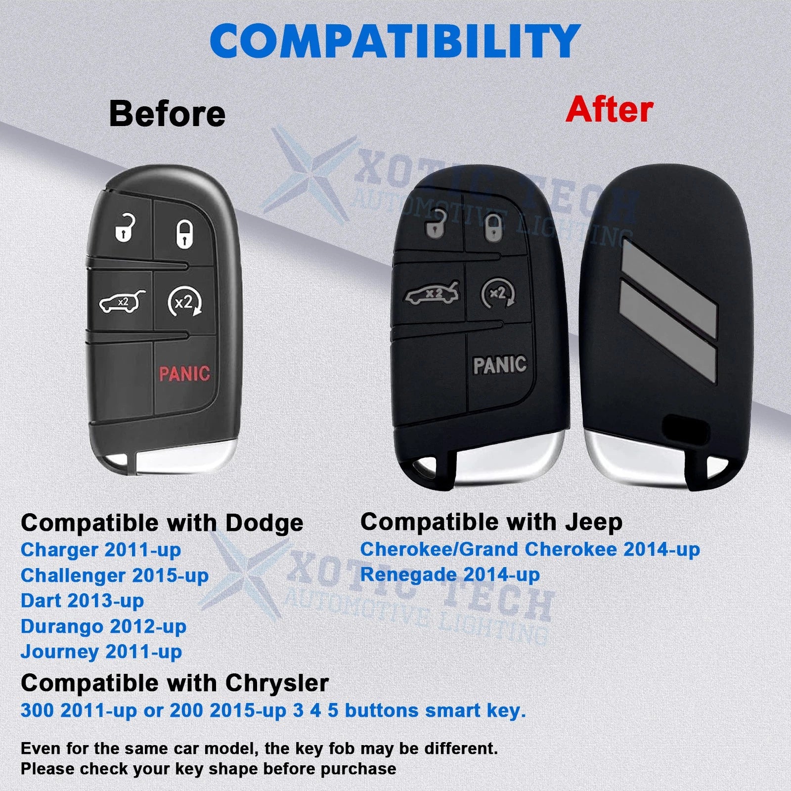 Silicone Smart Key Fob Shell Cover for Jeep Chrysler Dodge (2014-Up)