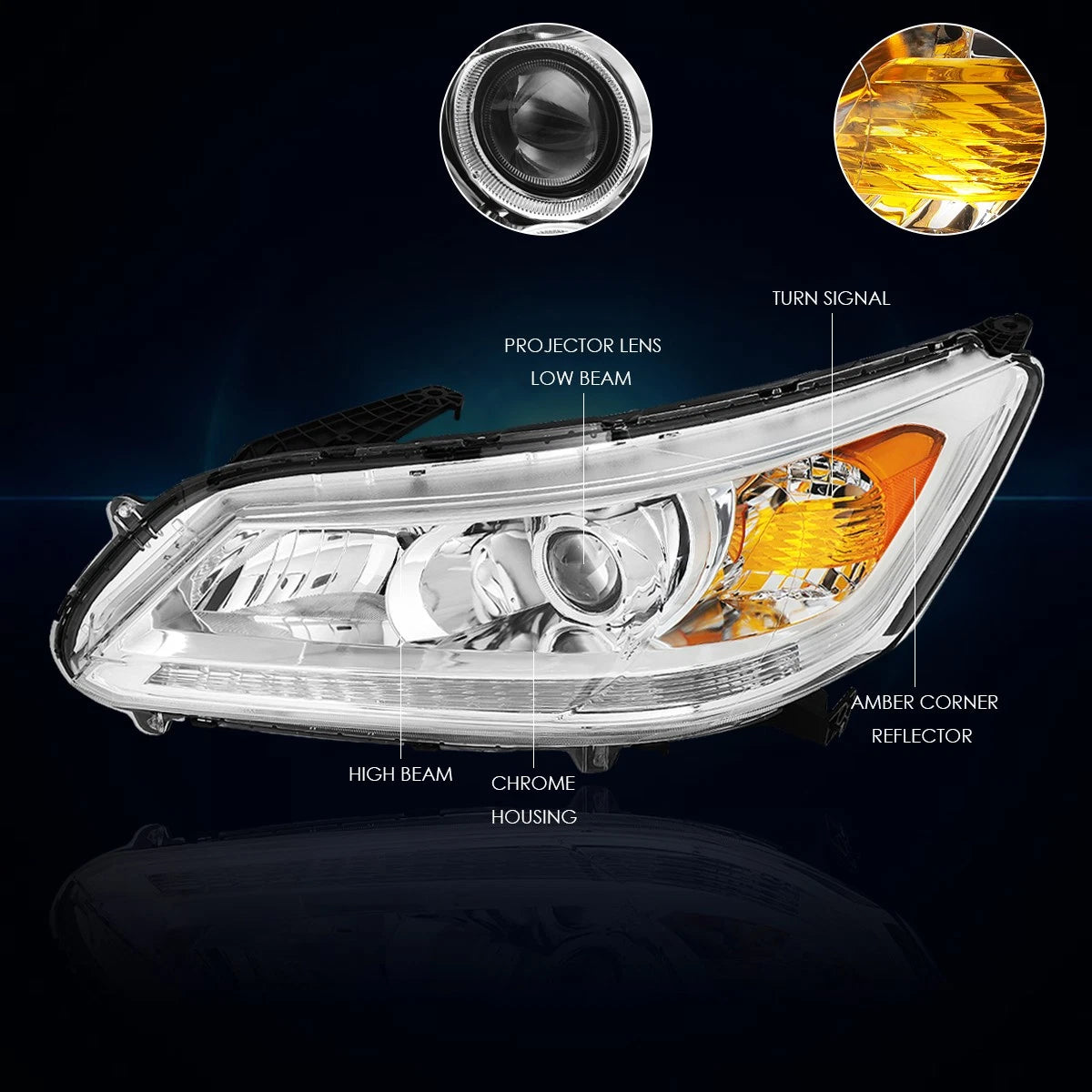 Projector Headlight Pair for Honda Accord (2013–2015) Chrome Housing Amber Corner