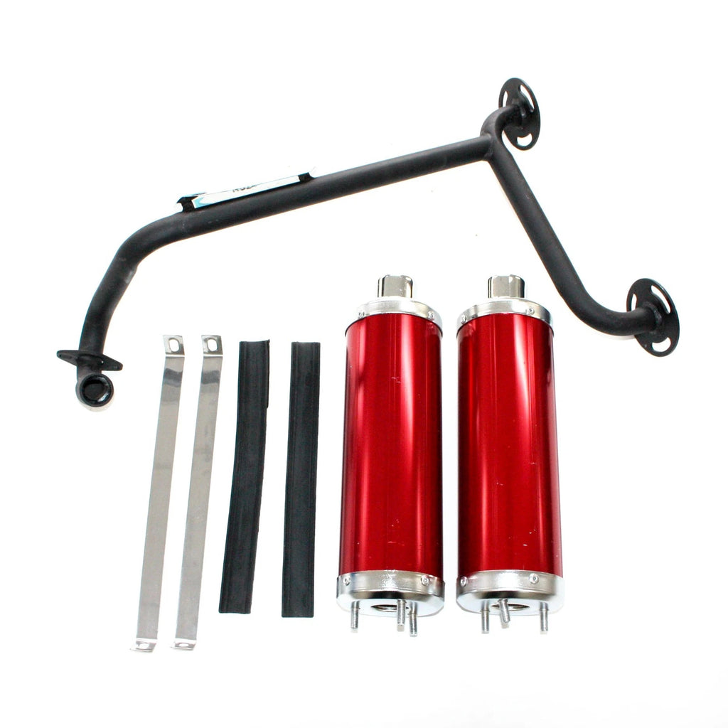 Twin Exhaust Pipe + Red Alloy Mufflers for 110cc Dinosaur Style Quad (N/A)