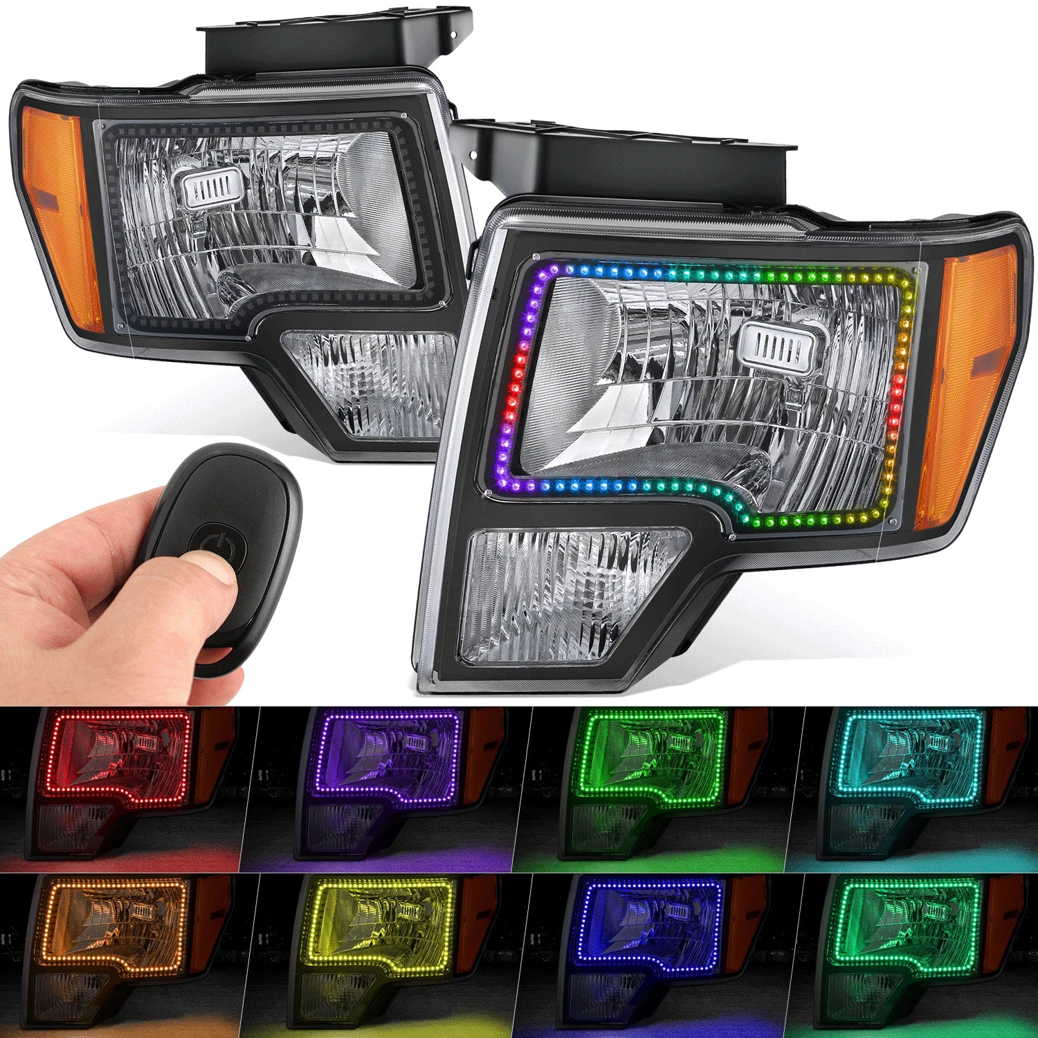 2X Black Housing Amber Corner LED Halo Ring Headlight for Ford F-150 (2009–2014)