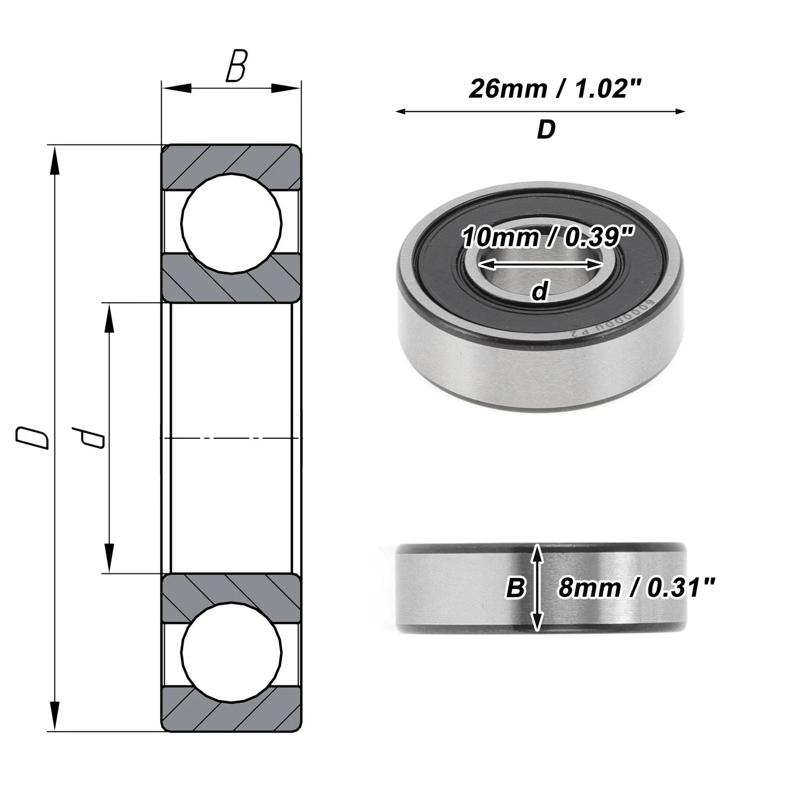 Deep Groove Ball Bearing P2 for Scooter Skateboard Wheel (10x26x8mm)