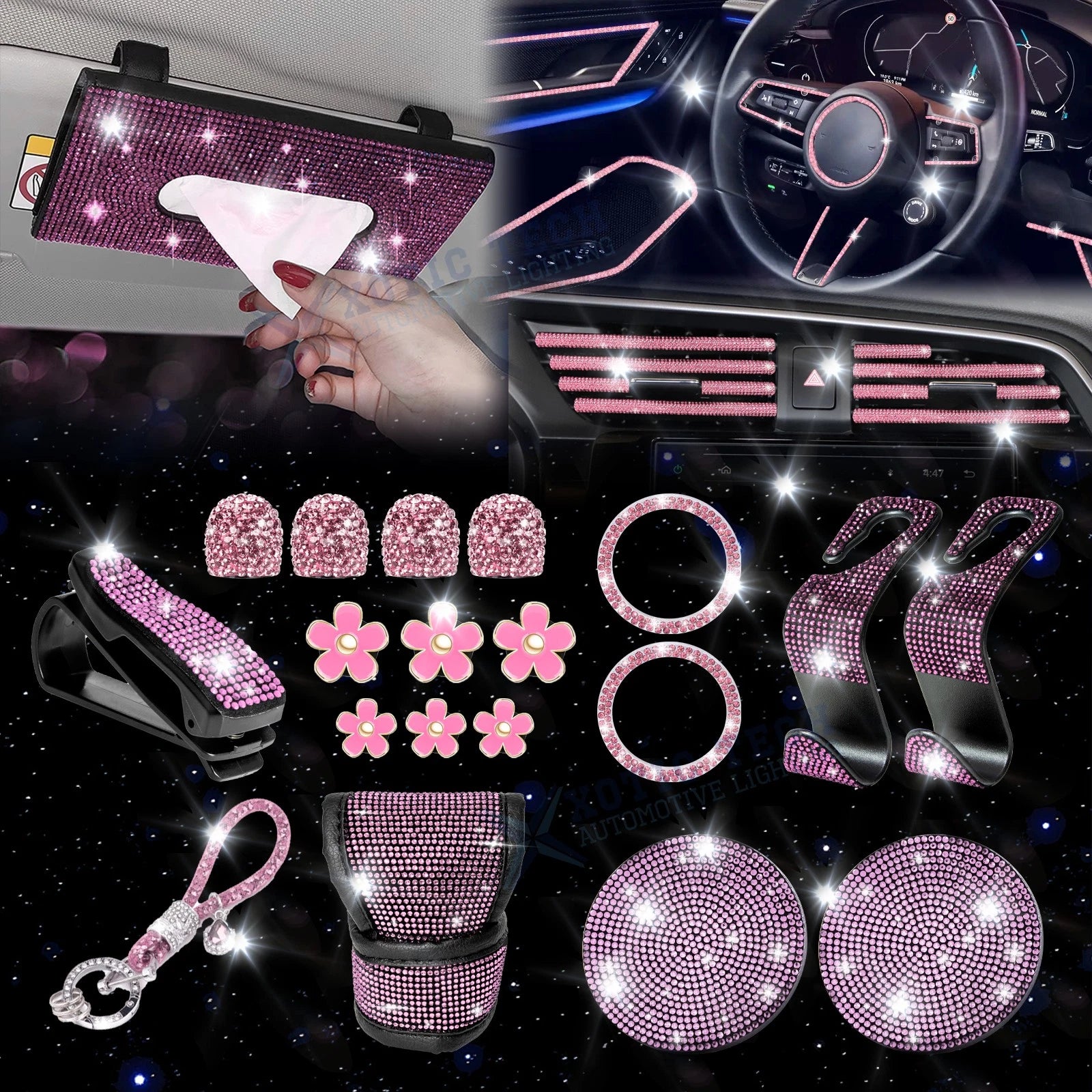 Bling Rhinestone Engine Start Button Ring Tissue Holder for (Pink) (—)