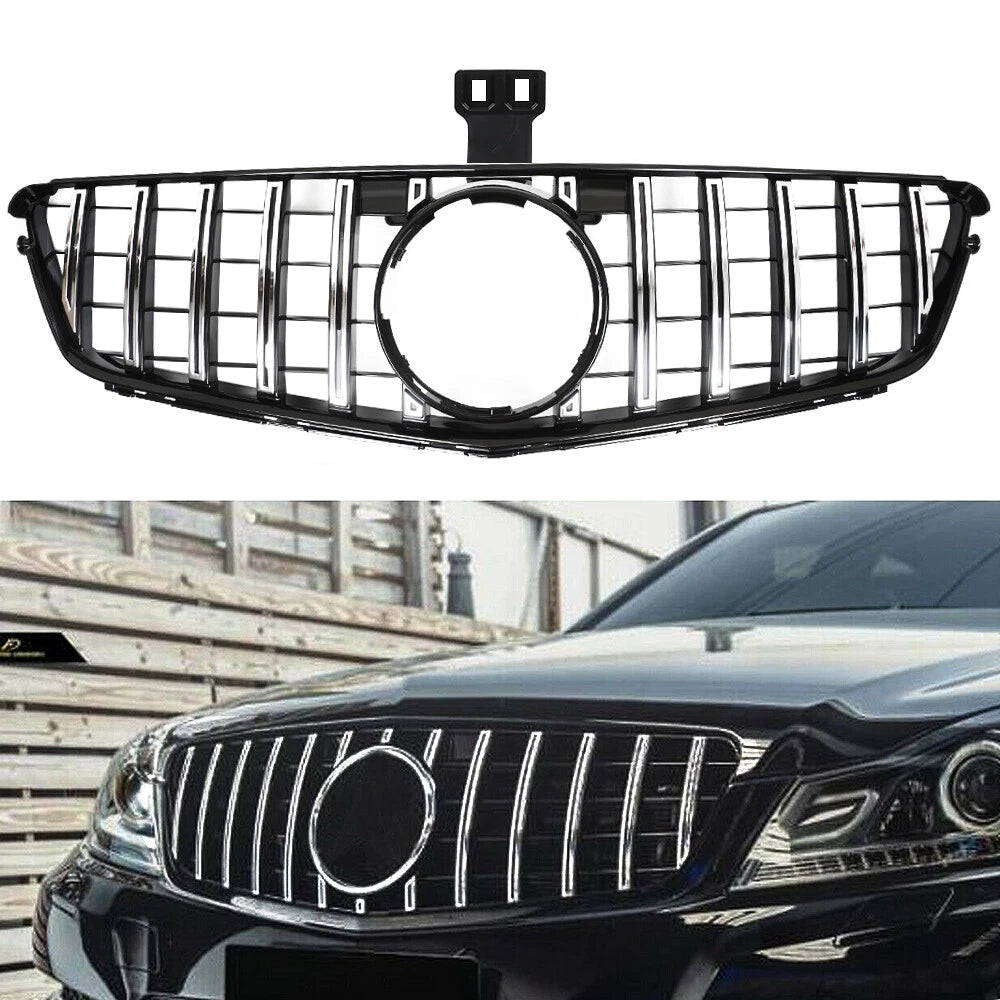 Chrome Black GTR Style Front Grille for Mercedes Benz W204 C250 C300 C350 (2008–2015)