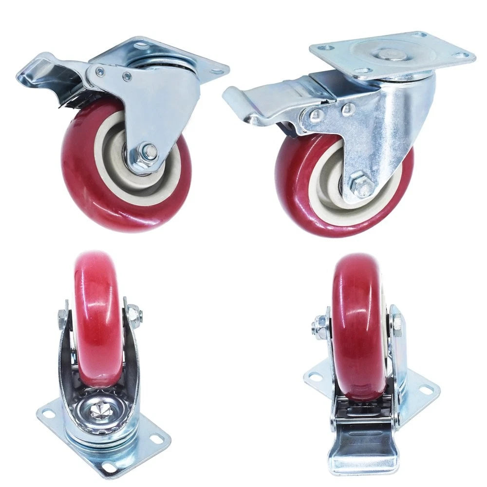 Set of 4 Swivel Caster Wheels with Total Lock Brake - 4" Red Polyurethane