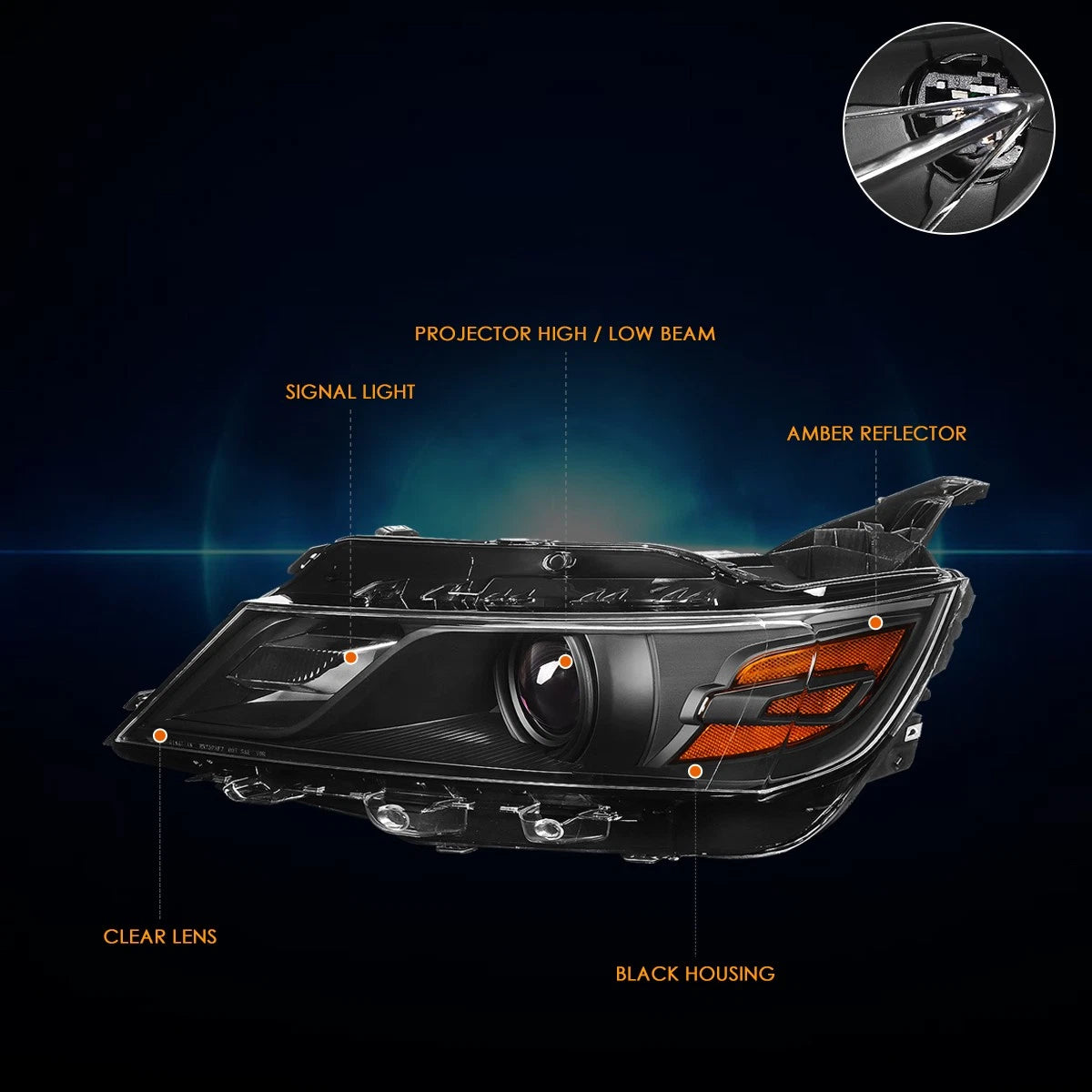 Projector Headlights for Chevy Impala (2014–2020) OE Style Black Housing Amber Corner