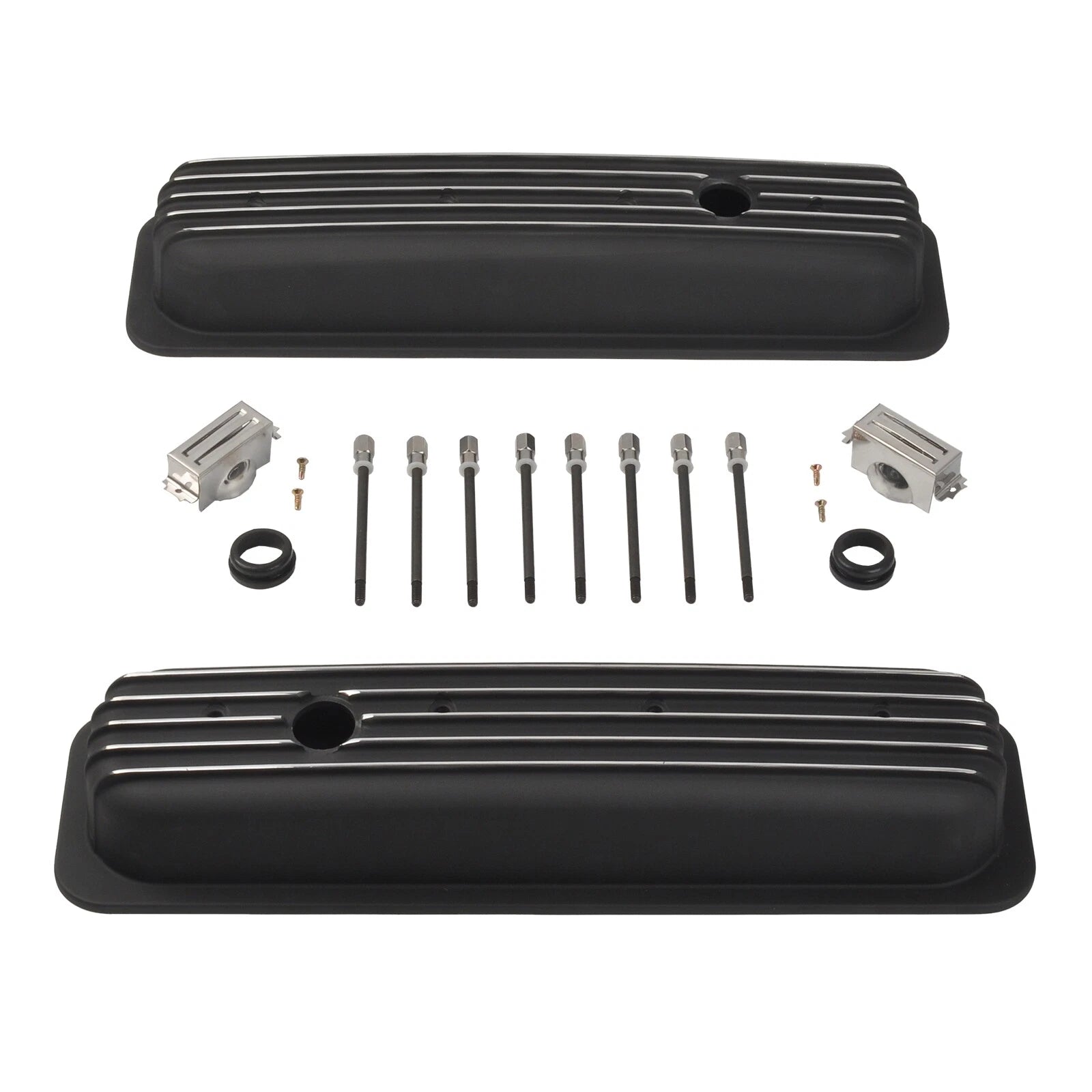 Short Valve Covers & 12" Oval Air Cleaner for Chevy 350 (1987–1997) Finned Black