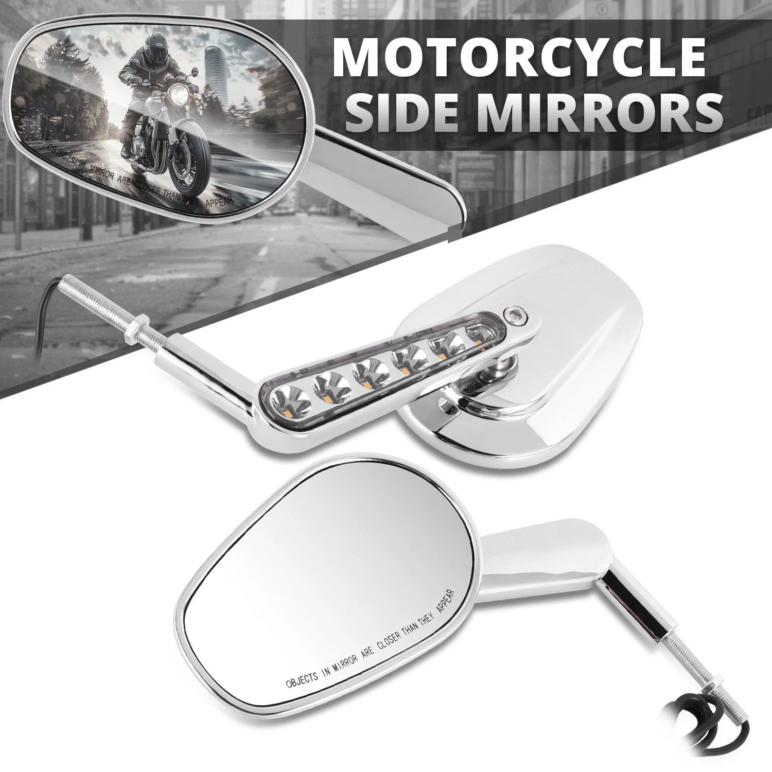 Chrome Oval LED Signal Side View Mirrors for Universal Naked Bike Cruiser