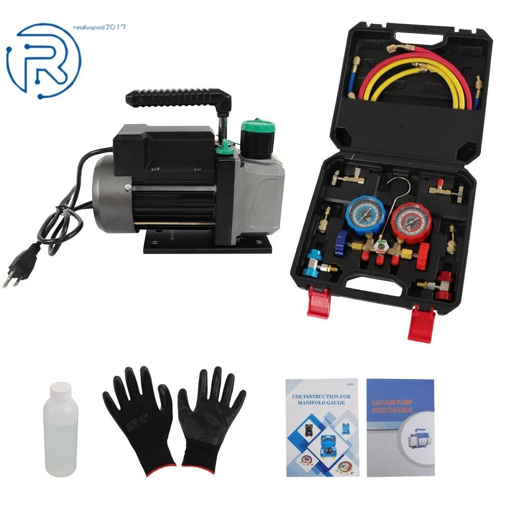 4CFM Air Vacuum Pump Manifold Gauge Set for HVAC AC Refrigerant (1/3HP)