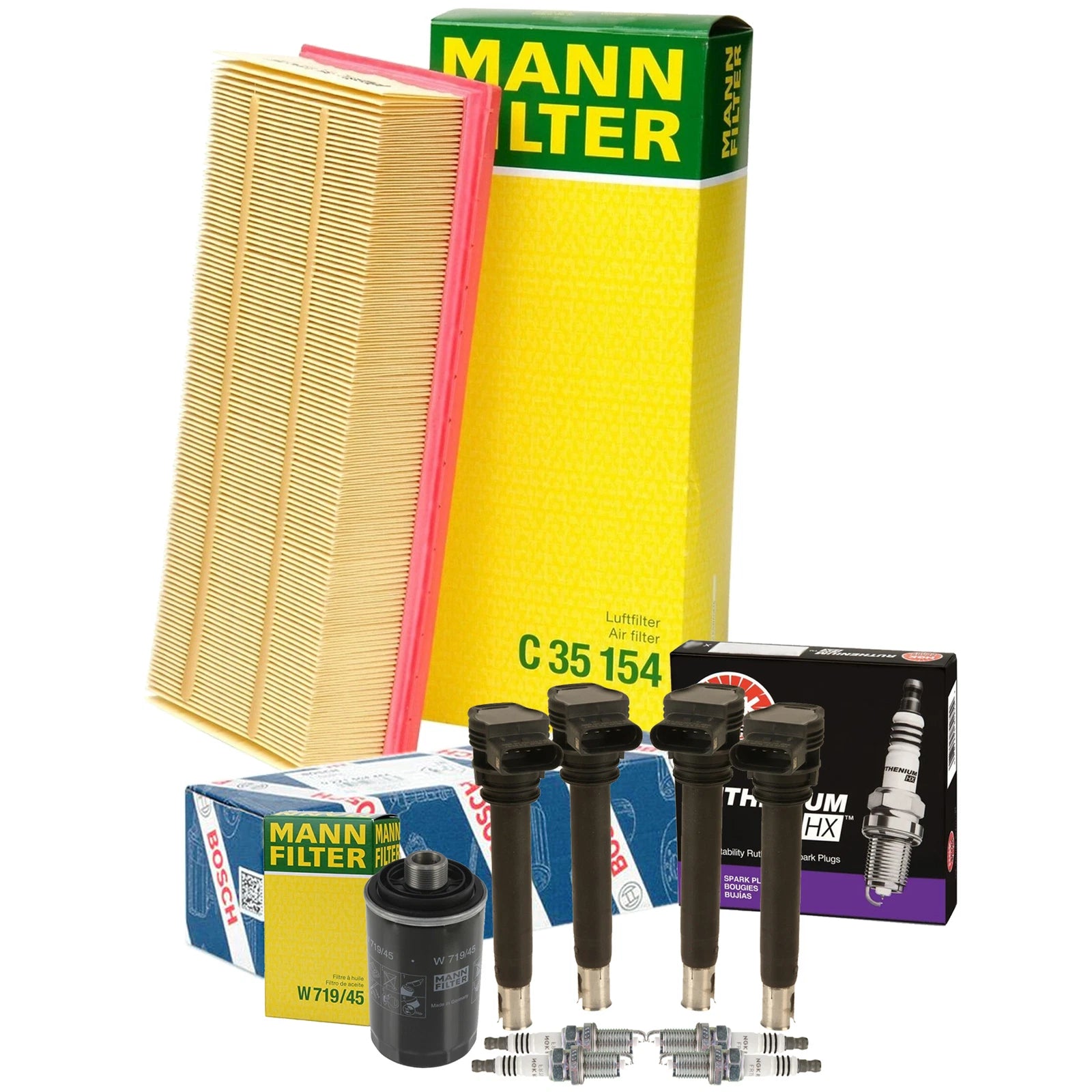 Set of 4 Mann Filters & 4 NGK Ruthenium HX Spark Plugs for Audi VW