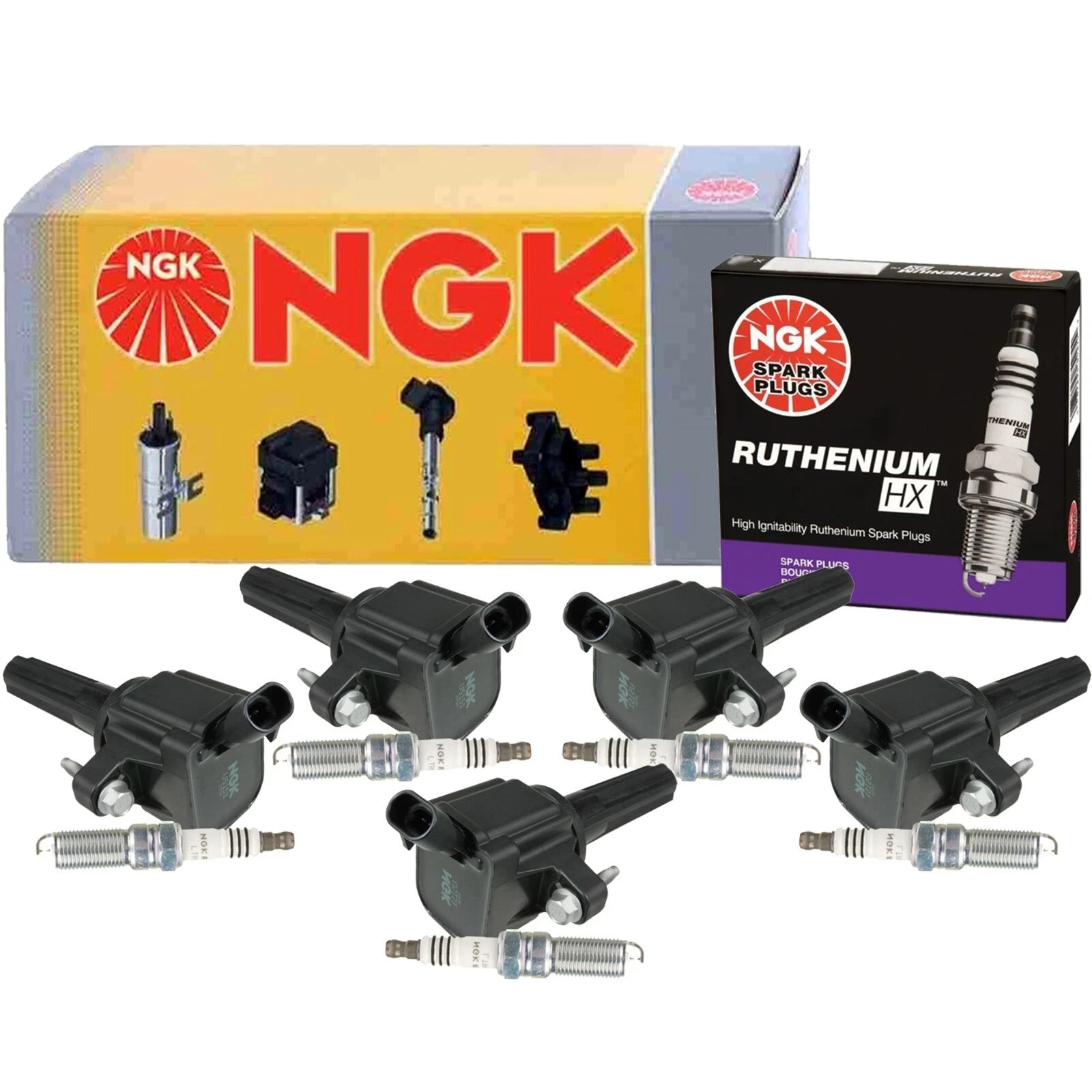Set of 5 NGK COP Ignition Coils & Ruthenium HX Spark Plugs for Chevy GMC Saab (4.2)