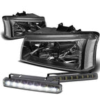 Black Crystal Lens Headlight Set + Clear Corner + LED Fog Light for Silverado (2003–2007)