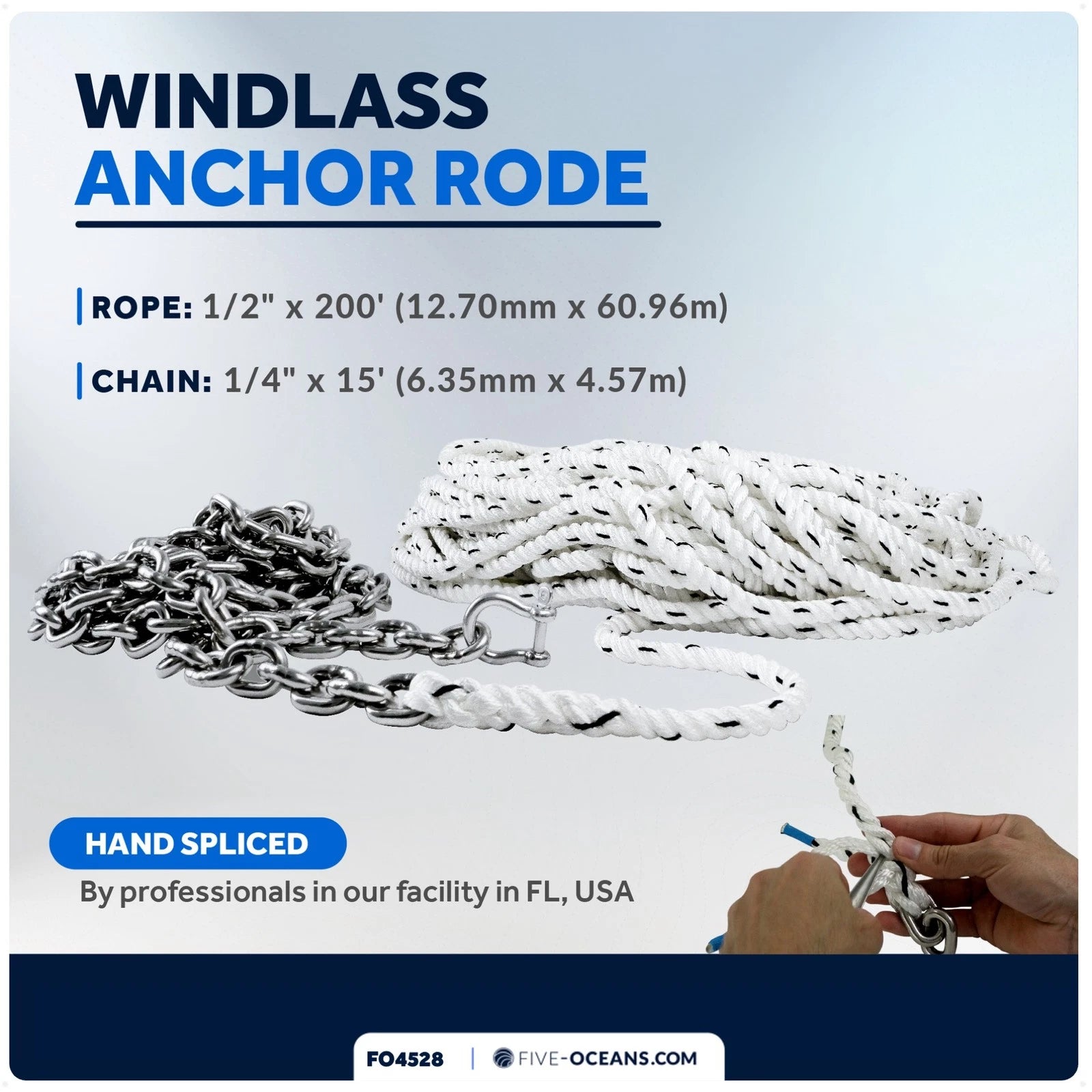 Windlass Anchor Rode 1/2"x200' Rope & 1/4"x15' G4 Chain for Marine Use