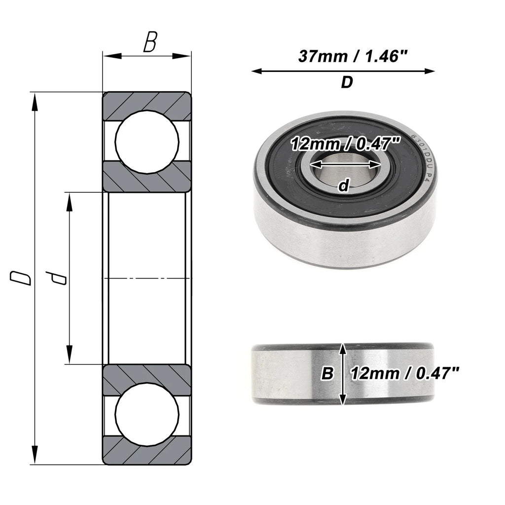 1 Pc 6301DDU Deep Groove Ball Bearing P4 for Scooter Skateboard (12x37x12mm)