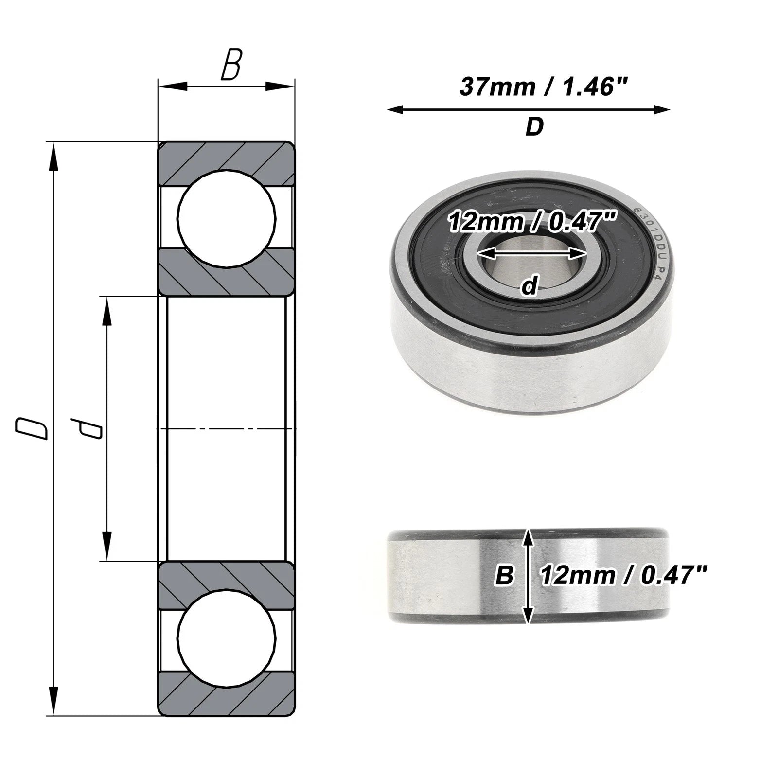 1 Pc 6301DDU Deep Groove Ball Bearing P4 for Scooter Skateboard (12x37x12mm)
