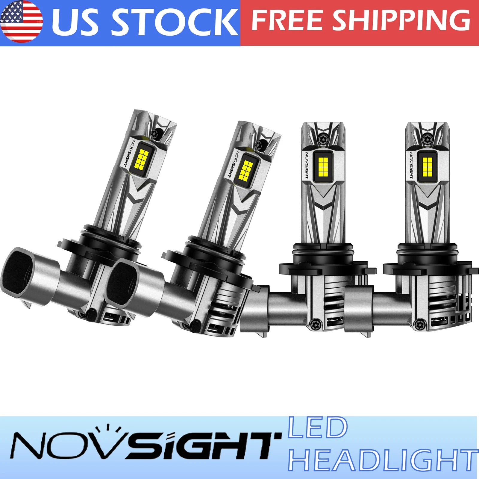 Set of 4 LED Headlight Bulbs 9005 + 9006 for NOVSIGHT (High Low Beam)