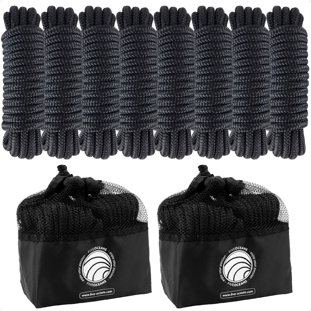 Set of 8 Boat Dock Lines 3/8" x 15' with 12" Eyelet Black Nylon