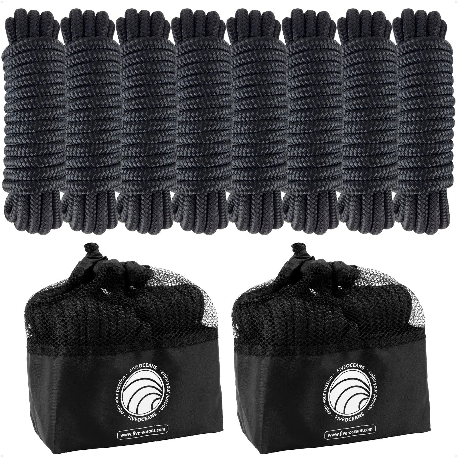 Set of 8 Boat Dock Lines 3/8" x 15' with 12" Eyelet Black Nylon