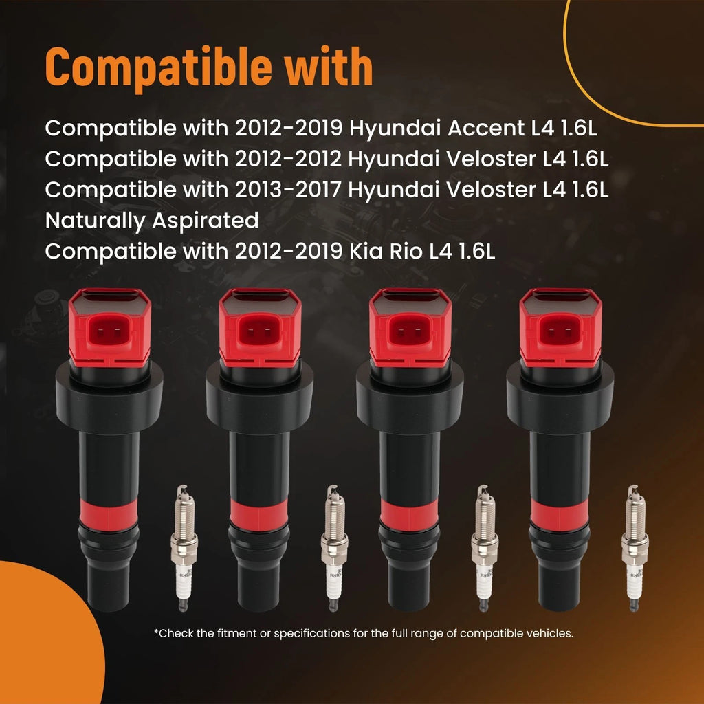 Set of 4 Ignition Coils and Spark Plugs for Hyundai Accent Veloster Kia Soul (2012–2019)