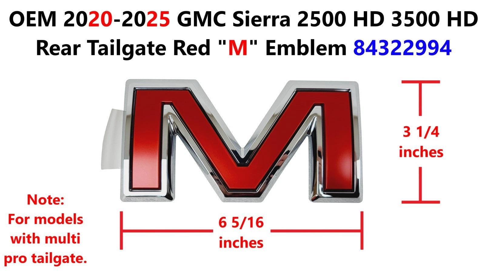 OEM Rear Tailgate Red M Emblem for GMC Sierra 2500 HD 3500 HD (2020–2025) 84322994