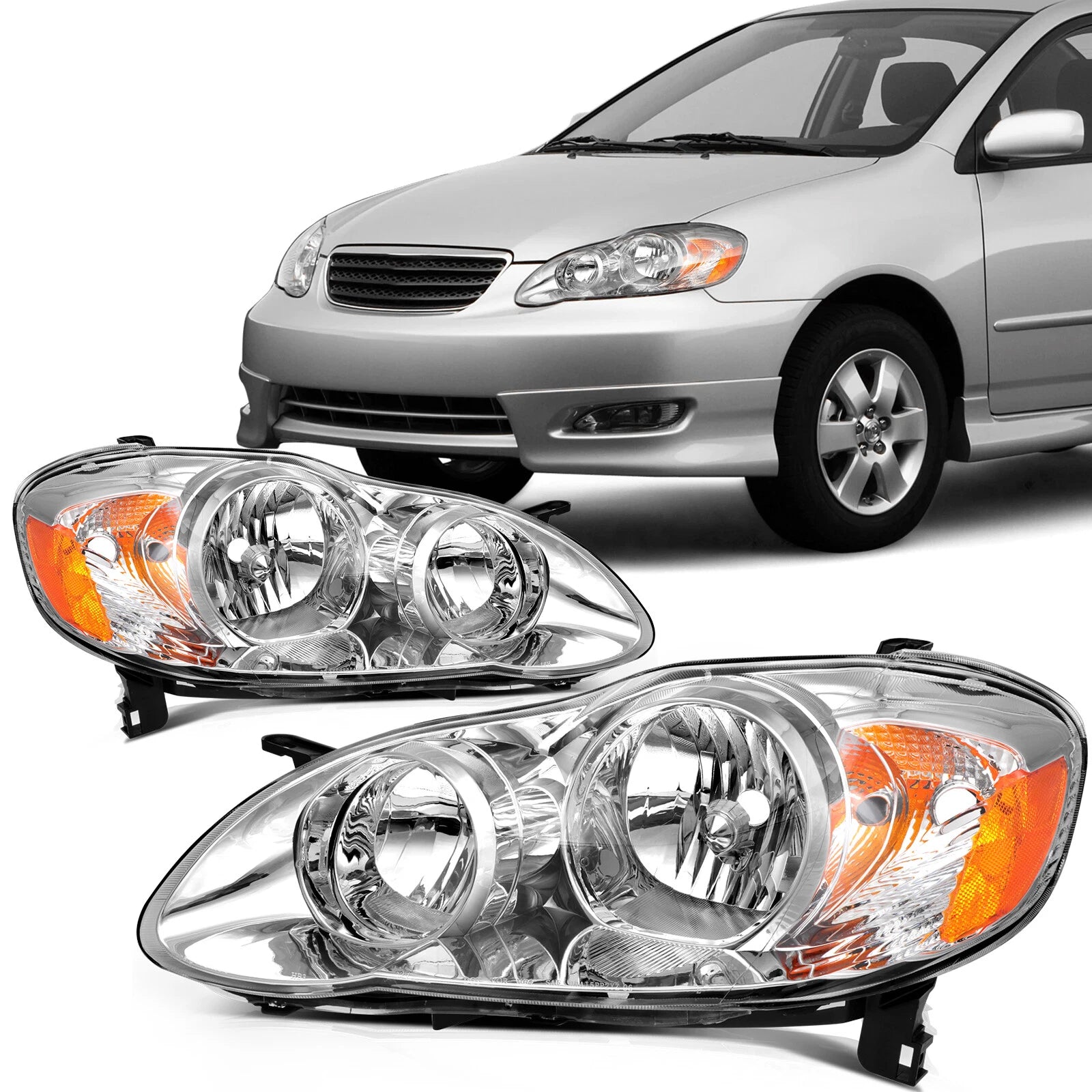 Headlight Assembly Set of 2 for Toyota Corolla (2003–2008) Chrome Housing