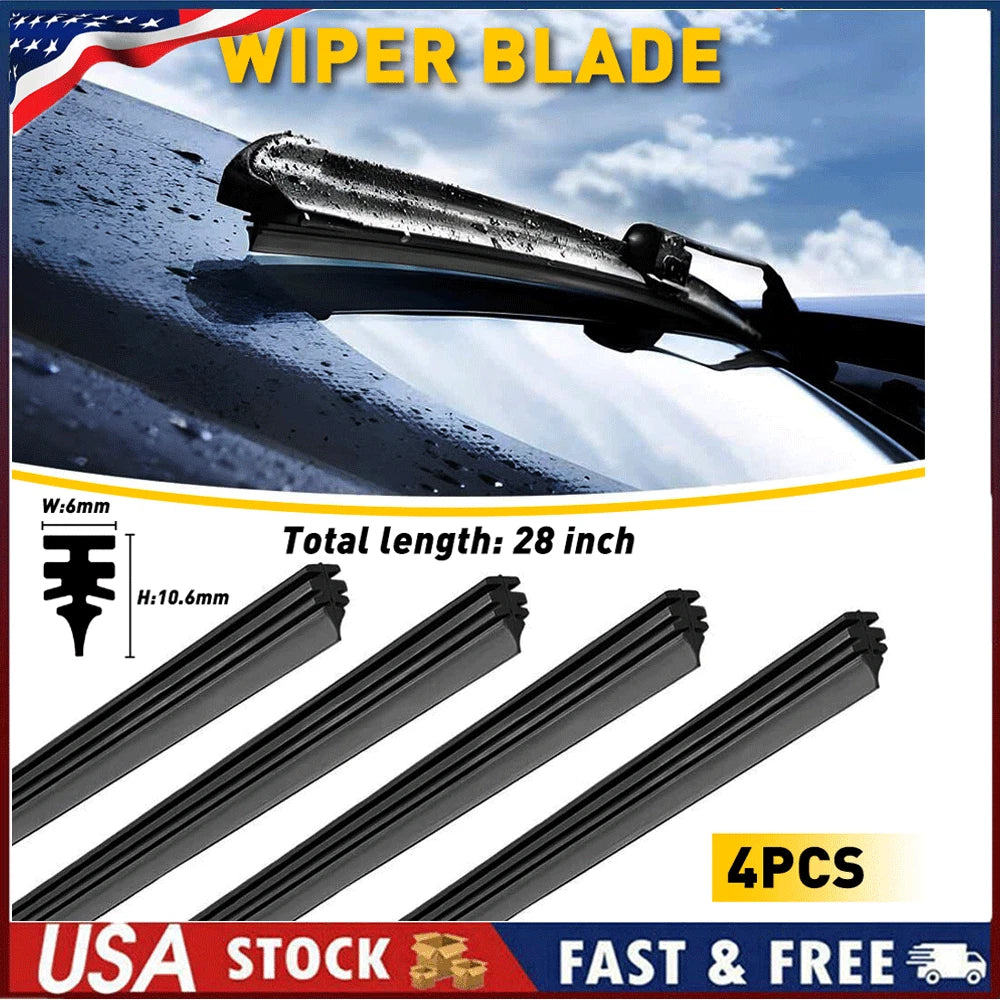 Set of 4 Silicone Frameless Windshield Wiper Blades for Universal Cars (28")