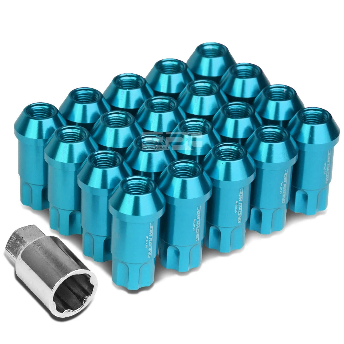 Set of 20 Open End M12x1.5 50mm Tall Sky Blue Aluminum Lug Nuts + Lock Key