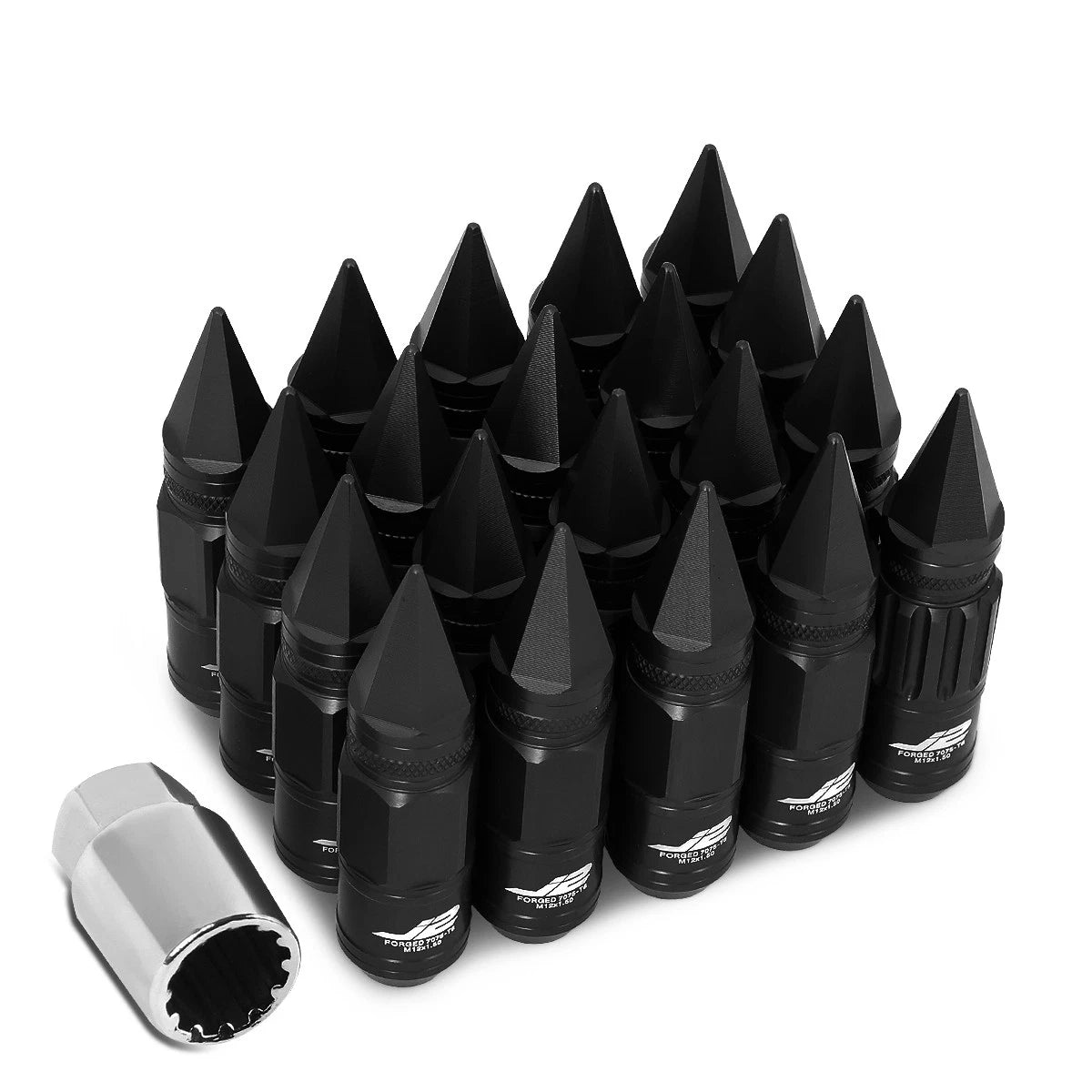 16 Pcs J2 7075 Forged Aluminum M12x1.5 Spiky Cap Lug Nut Set with Lock+Key Black