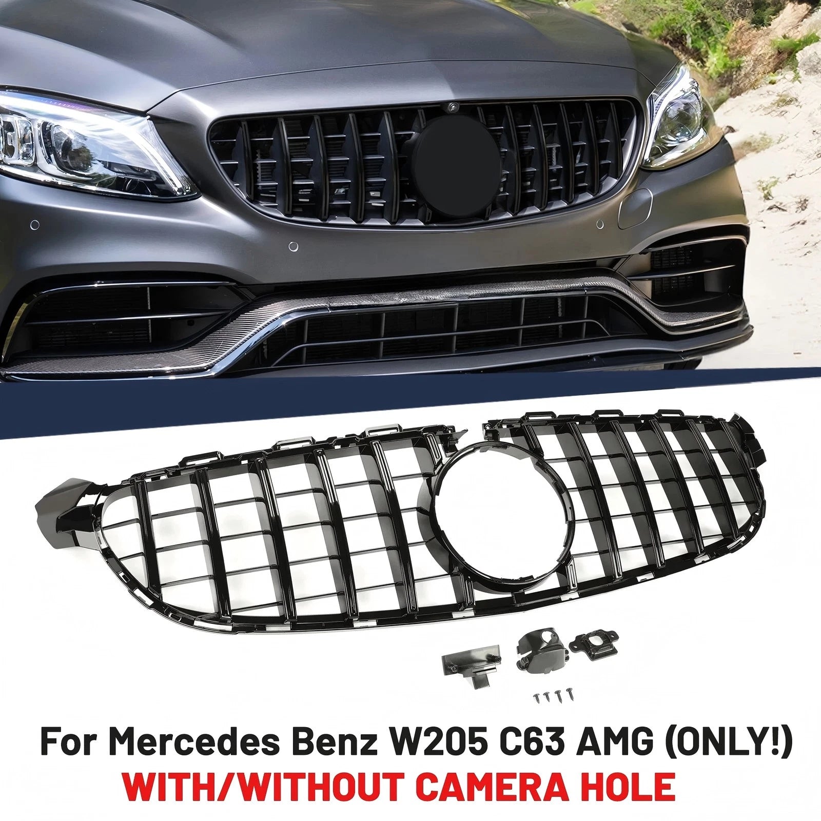 GT R Black Grille with Camera Hole for Mercedes-Benz W205 C63 C63S AMG (2015–2018)